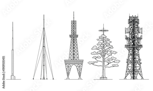 Set of telecommunication antenna and radio signal broadcasting tower vector art