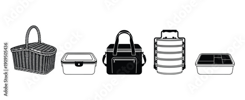 Picnic basket and food storage lunch box thermal bag containers set in vector