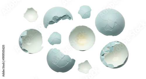 Light blue broken eggshell pieces PNG isolated on transparent background, cracked eggshell fragments for Easter and design use