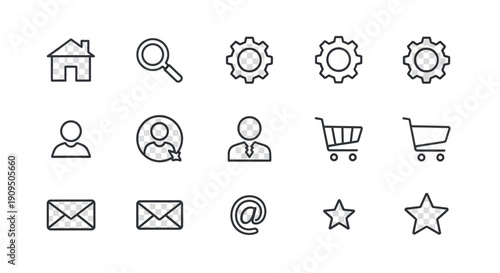 Set of simple line icons representing various online actions and tools on a plain background from a straightforward view