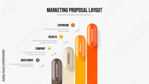 Investor Insight Presentation Design Vector Illustration. Corporate Development 4 Step Infographic Slideshow Template. Consulting Profile Four Element Diagram Slide Layout.