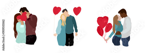 Portraits romantiquede couples amoureux avec des ballons en formes de coeur. Illustrations spéciales pour célébrer l'amour et créer des visuels et des cartes de Saint-Valentin.