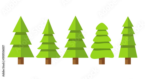 Illustration of five green trees in a row, symbolizing nature and serenity in a simple graphic representation