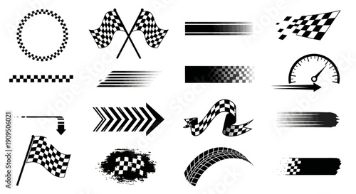 Collection of checkered flags and racing elements in various styles and orientations, vector graphics, isolated on a clean background, suitable for automotive and sports themes