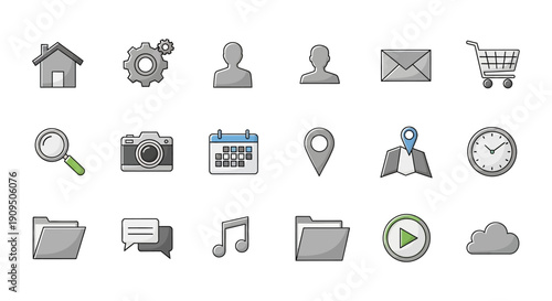Collection of gray icons representing various digital tools and functions displayed on a clean background, viewed from directly above