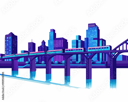 A vibrant futuristic cityscape with a train crossing a bridge