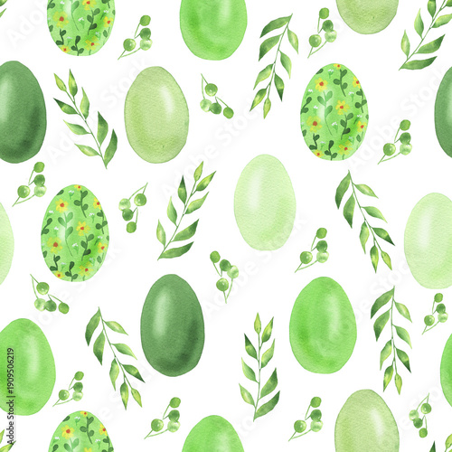 Seamless pattern of green Easter eggs white