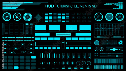 Futuristic heads up display elements in vibrant cyan on black