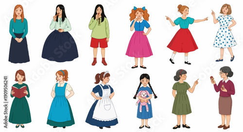 Collection of women in various dresses standing and dancing in different poses and outfits