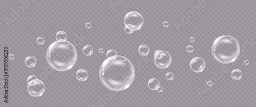 Vector realistic soap bubbles with reflection isolated on transparent background. 