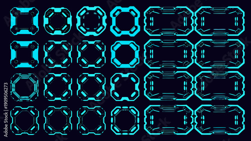 A grid of glowing turquoise geometric shapes on a dark background