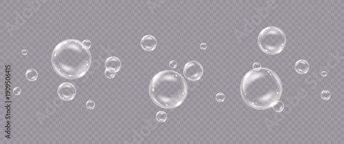 Vector realistic soap bubbles with reflection isolated on transparent background. 