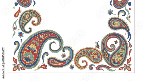 Vibrant paisley pattern frame with floral and leaf motifs on a decorative border
