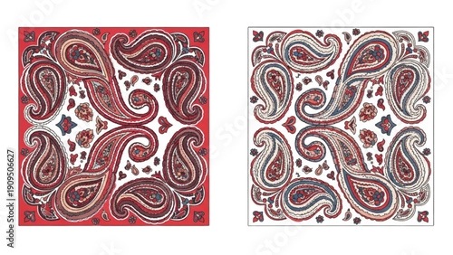 Intricate paisley patterns in red and black on white background, showcasing ornate designs and detailed illustrations