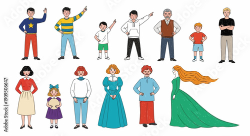 Diverse group of people in various costumes and poses, showcasing different professions and characters, illustrated in a vibrant vector art style.