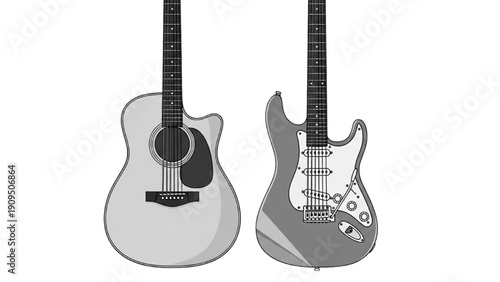 Guitars standing upright showcasing body shapes and necks in a simple illustration