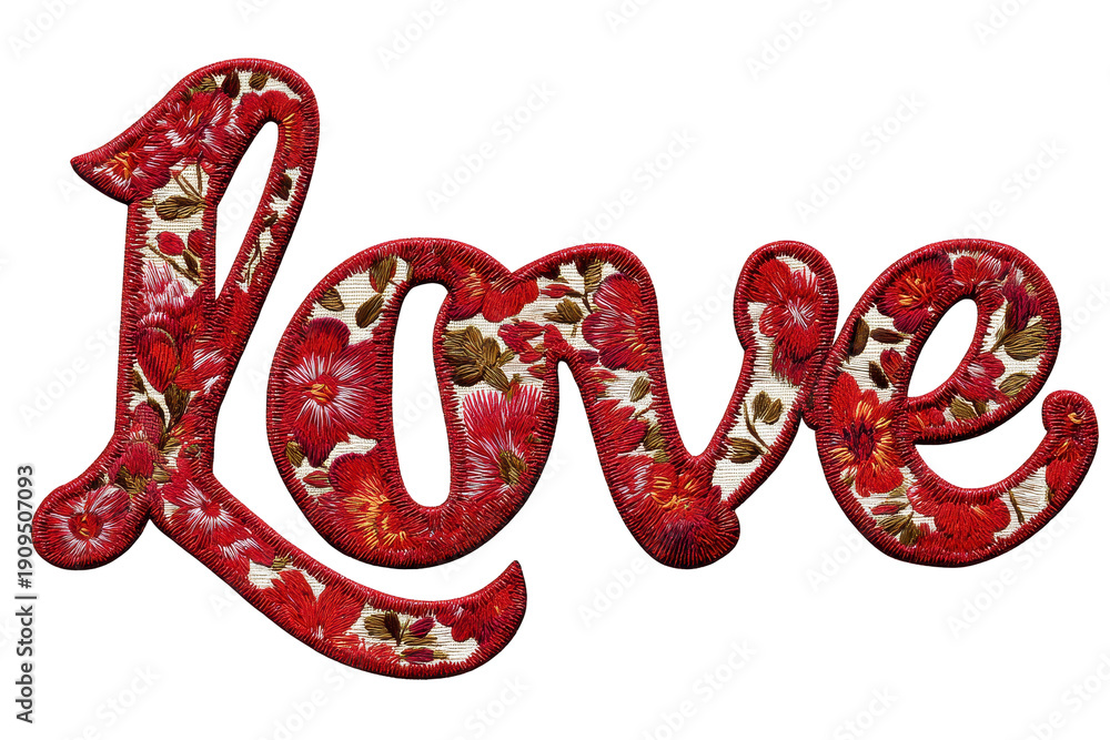 Fototapeta premium A vibrant floral embroidered love word on transparent background