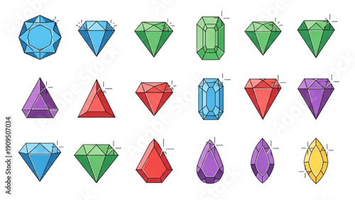 Collection of colorful gemstones and jewels displayed in a grid pattern