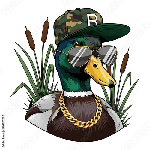 Cool mallard duck wearing camouflage hat sunglasses and gold chain in the pond