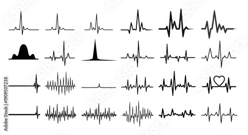 Collection of various heartbeat and soundwave patterns in black on a simple background, viewed directly from the front.
