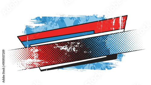 Dynamic abstract shapes layered in red blue and black create a modern graphic design