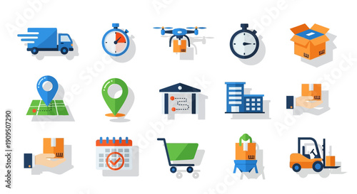 Logistics and transportation icons set, featuring vehicles, machinery, and warehouse elements in a modern, 3D illustration style.