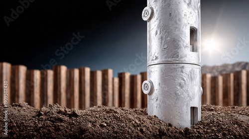A steel screw pile or tubular anchor is being installed into soil with sheet piles in the background. The image emphasizes a geotechnical operation and anchor support elements for shoreline and engine