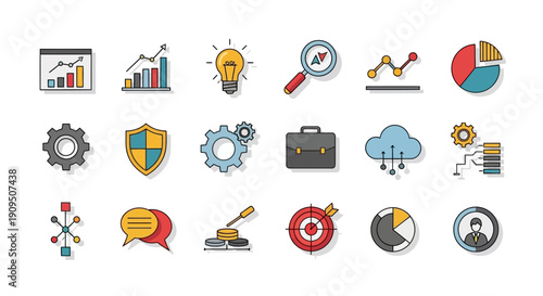 Collection of business icons representing various concepts such as finance, technology, and communication in a modern graphic design