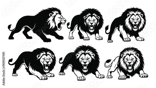Seven lions in various poses showcasing their majestic and powerful nature isolated on white background, Vector