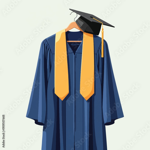 Graduation gown with cap and sash.
