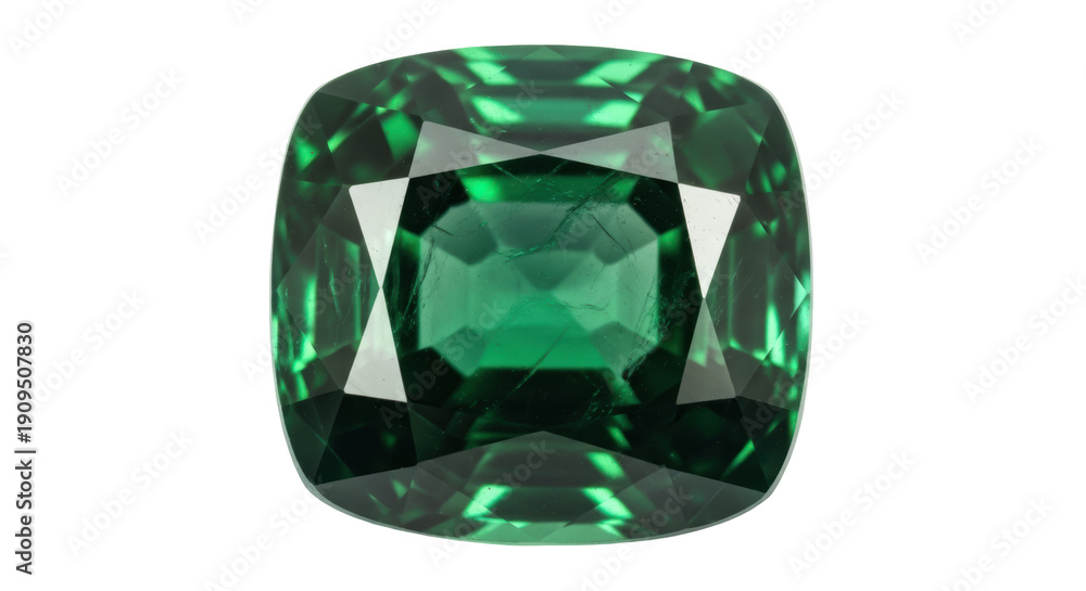 Fototapeta premium Cushion cut green tourmaline gemstone isolated PNG, vibrant mineral for jewelry design and luxury accessories on transparent background