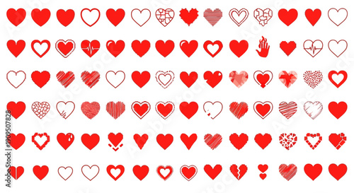Collection of red heart icons and symbols in various designs and patterns displayed on a clean background from a straightforward viewpoint, referencing original eps file concepts