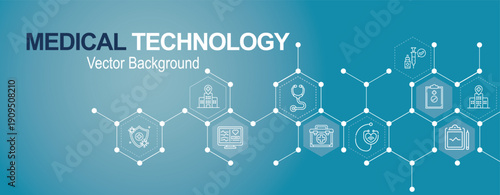 Medical technology and healthcare banner with hexagon network and icons on blue background.