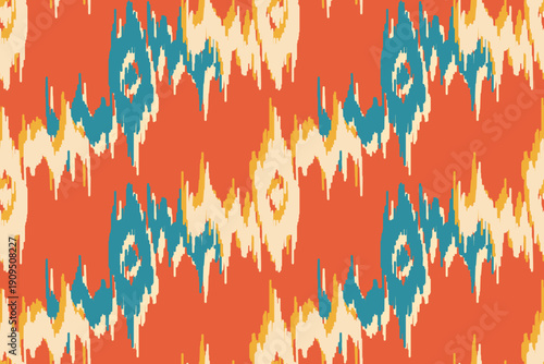Seamless ikat pattern with geometric ethnic motifs. Abstract tribal background for wallpaper, textiles, traditional bohemian, Design for wallpaper, fabric, clothing, carpet, textile, batik