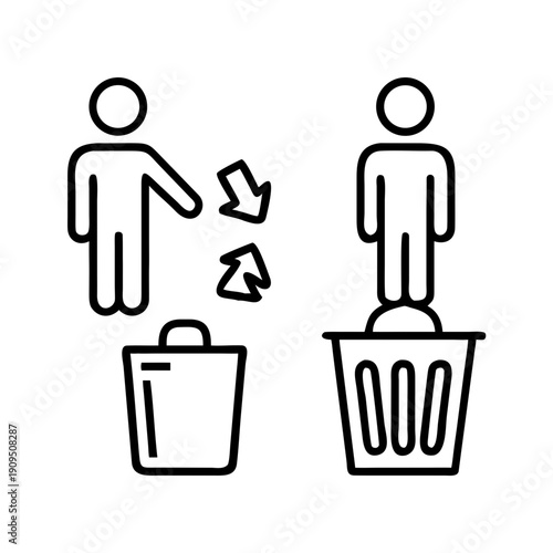 Businessman throwing papers in trash while another stands in garbage can