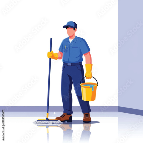 Janitor Holding Mop and Bucket.