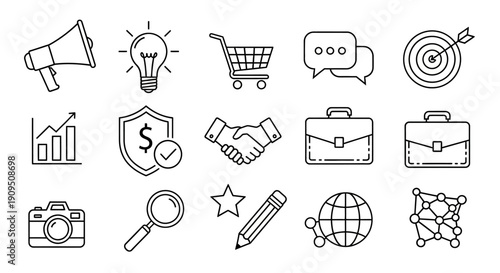 Collection of business icons including megaphone, lightbulb, shopping cart, and briefcase, symbolizing commerce and productivity in a simple line art style