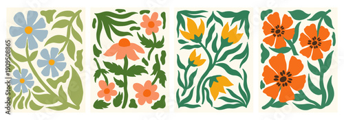 Modern abstract floral poster set in matisse cutout style. Minimalist botanical wall art collection with organic flower shapes