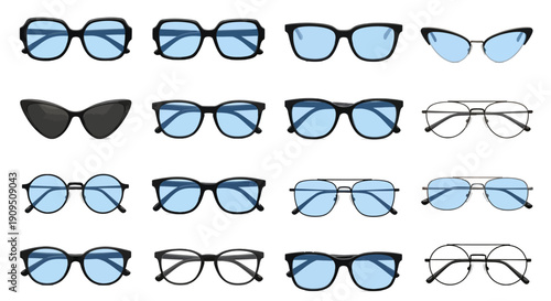 Collection of assorted eyeglasses and sunglasses displayed from a straightforward front viewpoint