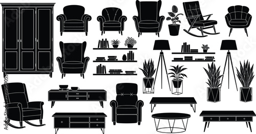 Black and White Living Room Furniture Silhouette Set Modern Interior Design Elements Vector Illustration Collection Isolated on White