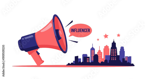 Megaphone announcement in urban cityscape with influencer promotion vector illustration eps file