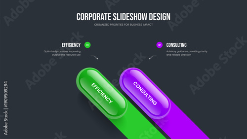 Market Briefing Slideshow Design Vector Illustration. Business Analysis Two Element Infographic Presentation Layout. Investor Campaign 2 Step Diagram Slide Template.