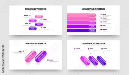 Digital Strategy Four Five Two Three Option Diagram Slideshow Layout Vector Illustration Bundle. Service Campaign 4 5 2 3 Step Infographic Slide Design Collection.