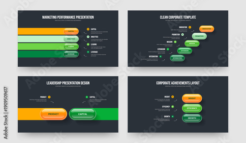 Creative Insight Four Five Two Three Step Diagram Presentation Layout Vector Illustration Set. Product Solution 4 5 2 3 Element Infographic Slide Template Collection.