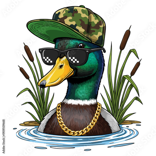 Cool mallard duck wearing camouflage hat sunglasses and gold chain in the pond