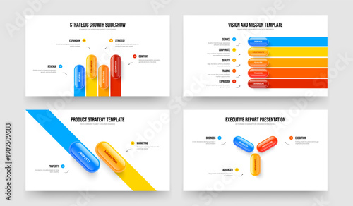 Sales Portfolio Four Five Two Three Option Infographic Frame Template Vector Illustration Set. Marketing Overview 4 5 2 3 Element Diagram Slideshow Layout Collection.