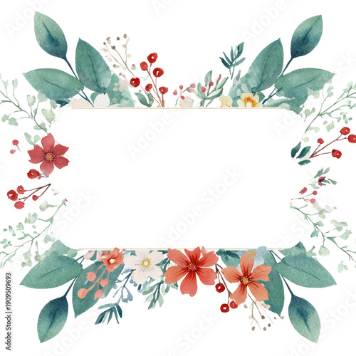 A floral frame with vibrant leaves, berries and blossoms surrounding a white rectangle