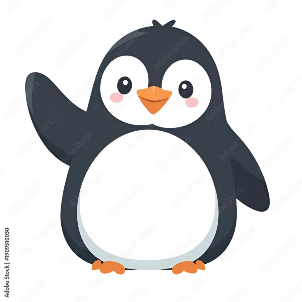 Obraz premium Cute Penguin Character Waving Hand Flat Vector Illustration
