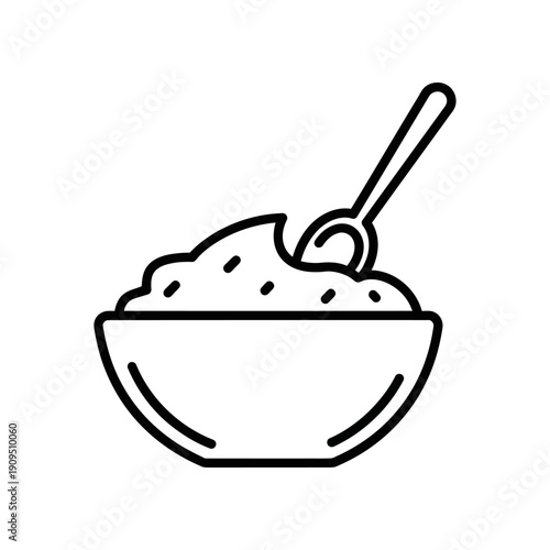 Bowl of Mashed Potatoes with Spoon, Simple Line Art Icon, Comfort Food, Minimalist Food Illustration