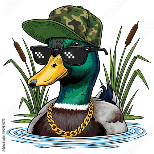 Cool mallard duck wearing camouflage hat sunglasses and gold chain in the pond